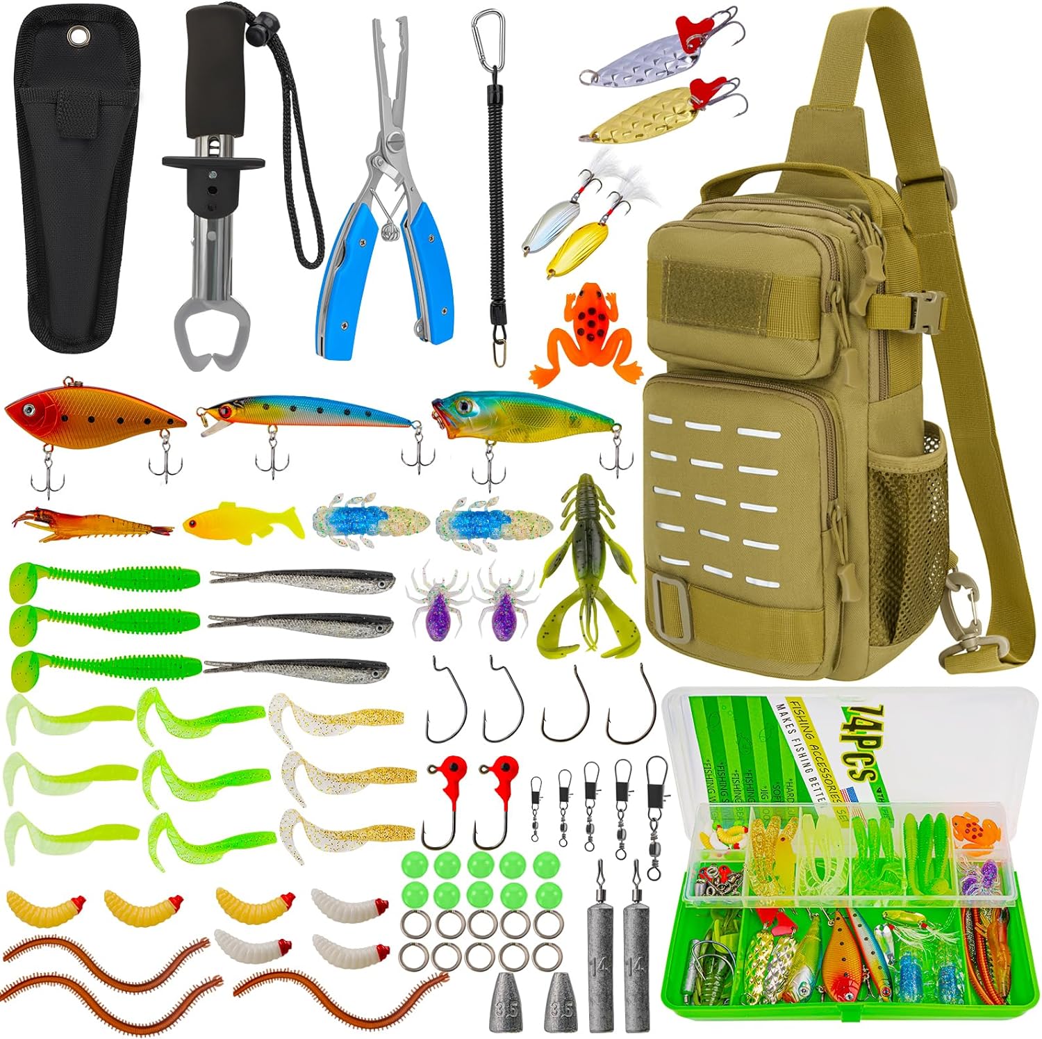 THKFISH 79 Pcs Fishing Tool Kit, Fishing Backpack with Tackle Boxes Fishing Pliers Kit Fishing Bait Lure Gear Kit Include Fish Hook Remover, Fishing Lures, Lip Gripper