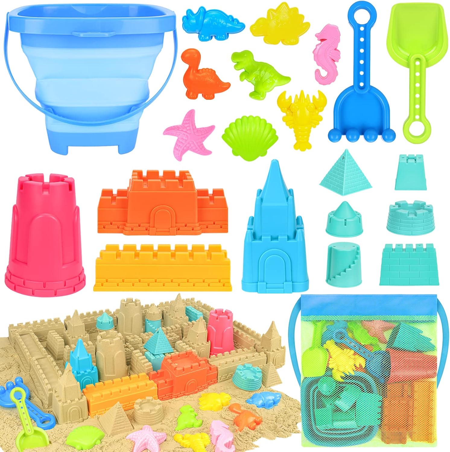 Collapsible Beach Toys for Kids Toddlers, Sand Bucket and Shovels Set with Mesh Bag, Sand Castle Toys for Beach, Travel Sand Toys, Sandbox Toys for Toddlers Kids Age 3-10