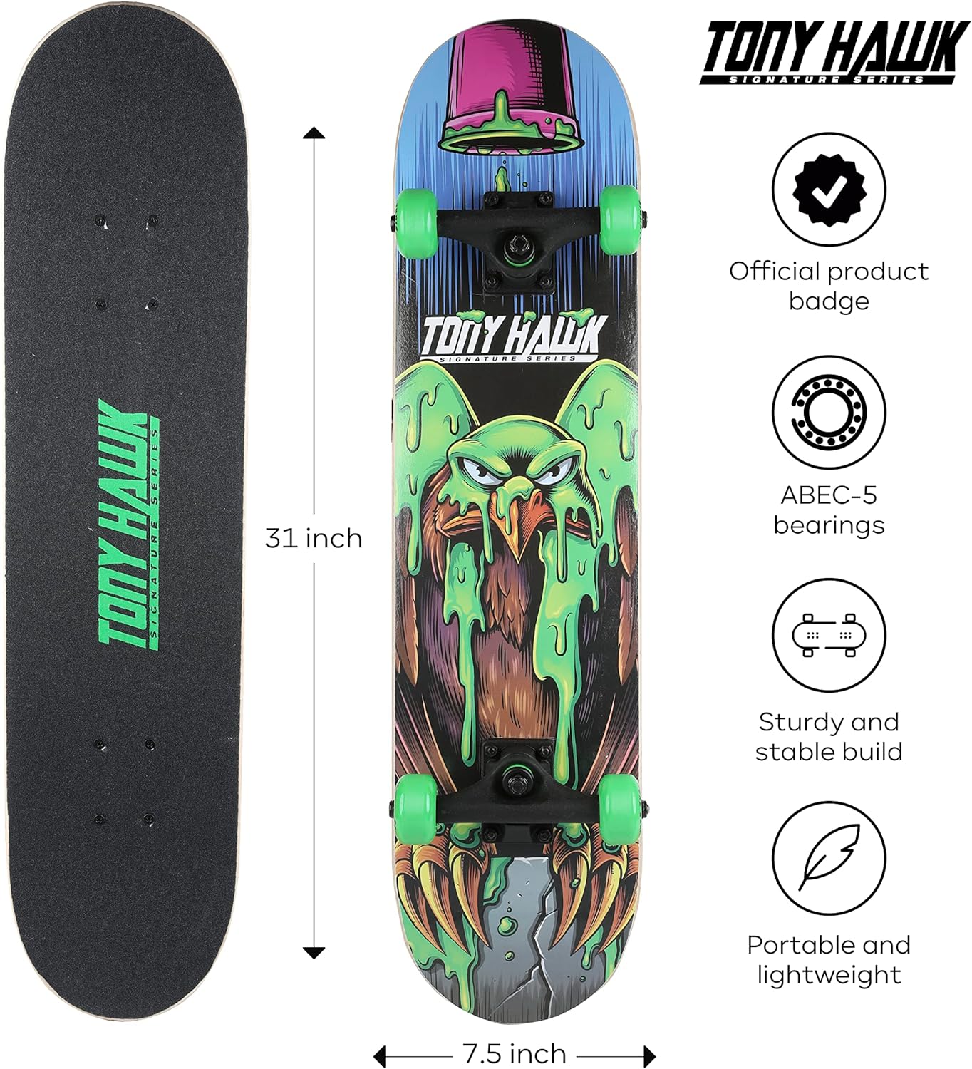 Tony Hawk 31" Skateboard - Signature Series Skateboard with Pro Trucks, Full Grip Tape, 9-Ply Maple Deck, Ideal for All Experience Levels