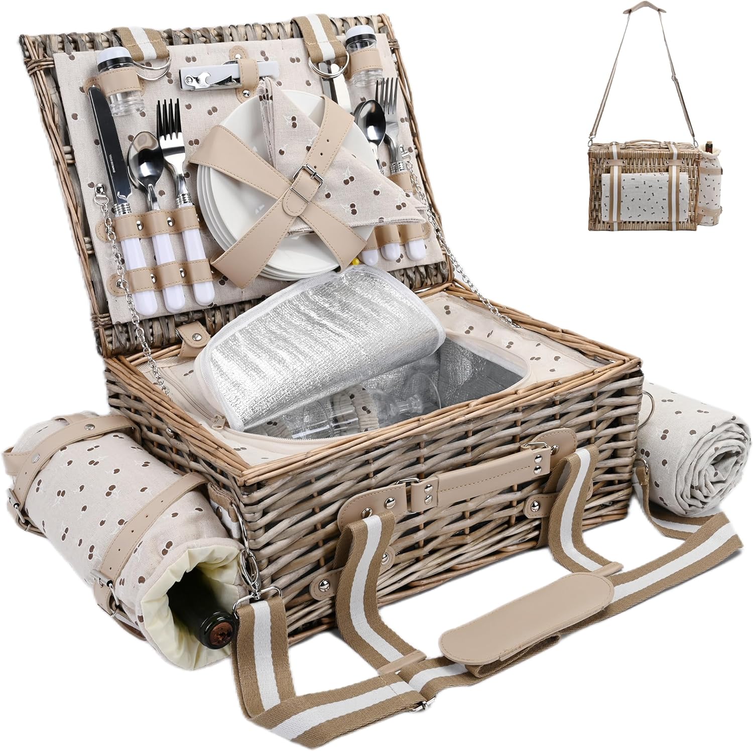 Picnic Basket Set for 4 with Insulated Liner and Waterproof Blanket Wine Pouch, Large Wicker Picnic Hamper for Camping,Outdoor,Valentine Day, Christmas for Couples, Cherry Coffee