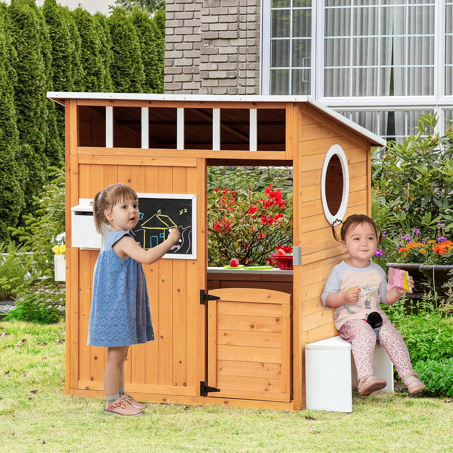 Outsunny Wooden Playhouse for Kids Outdoor with Working Door, Windows, Mailbox, Bench, Flowers Pot Holder, 48" x 42.5" x 53