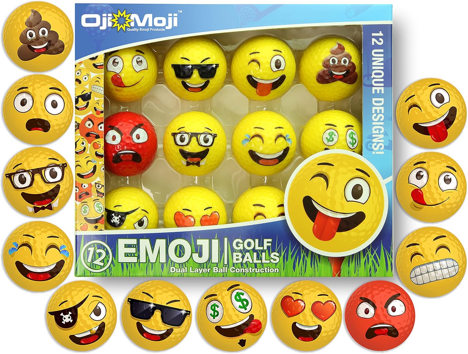 Oji-Emoji Premium Emoji Golf Balls, Unique Professional Practice Golf Balls, 12-Pack Emoji Golfer Novelty Golf Gift for All Golfers, Fun Golf Gifts for Men, Dads, Women, Kids, golf accessories