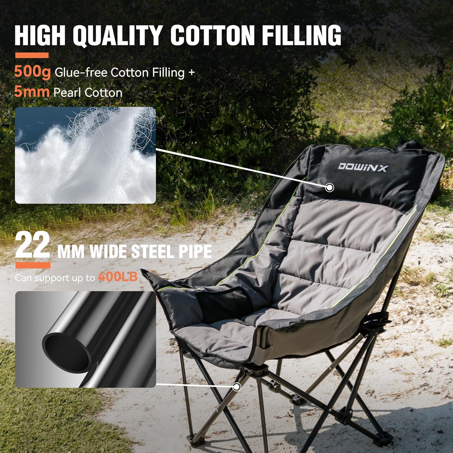 Dowinx Oversized Extra Large Camping Chair for Adults, Lawn Chairs, Folding, 3 levels adjustable Padded Camping Chair, Heavy-Duty 600D Oxford Cloth, with Cup Holder, 400 Pound Capacity, Black