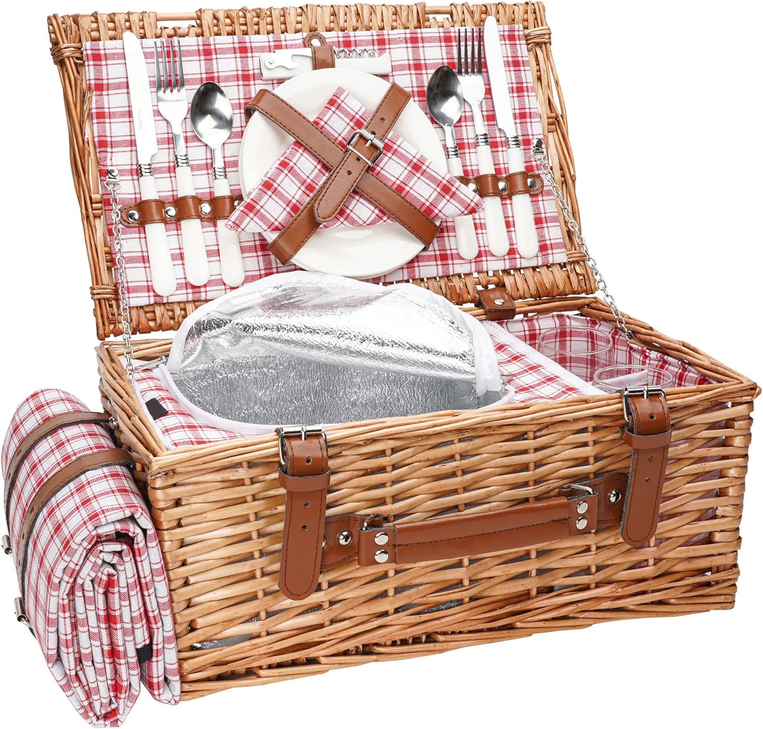 Wicker Picnic Basket Set for 2 Persons with Waterproof Picnic Blanket and Large Insulated Cooler Compartment, Willow Picnic Hamper Basket with Cutlery Service Kits for Camping, Wedding, Anniversary