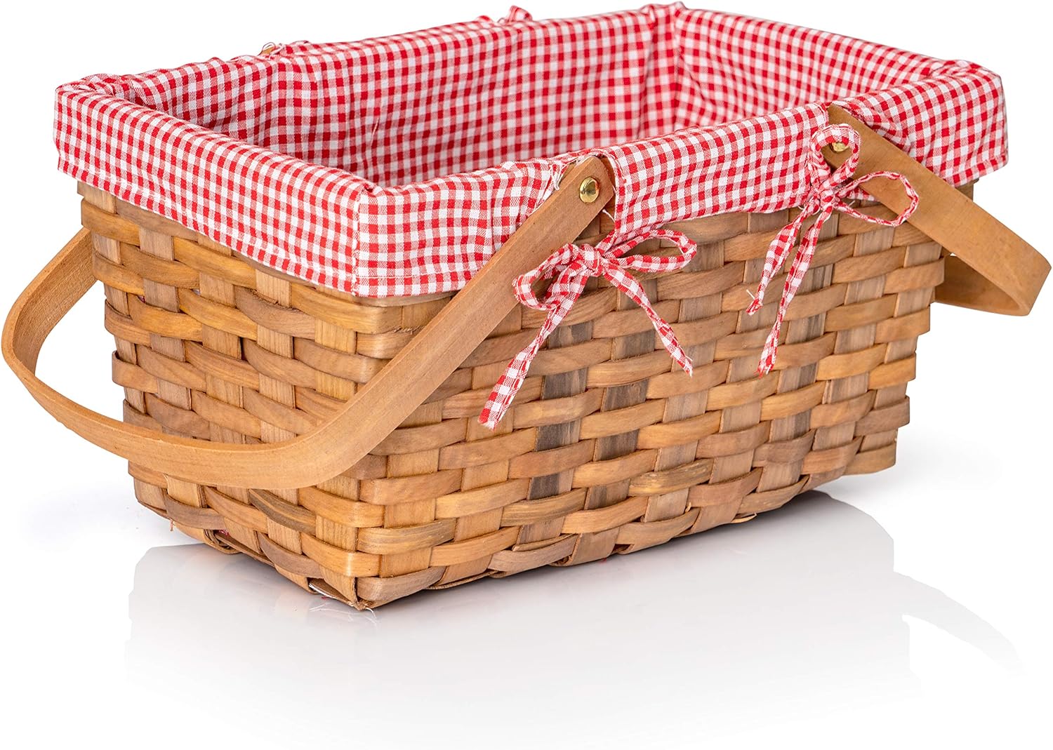 Big Mo's Toys Picnic Basket - Woven Natural Woodchip Wicker Basket with Double Handles and Red and White Gingham Blanket Lining