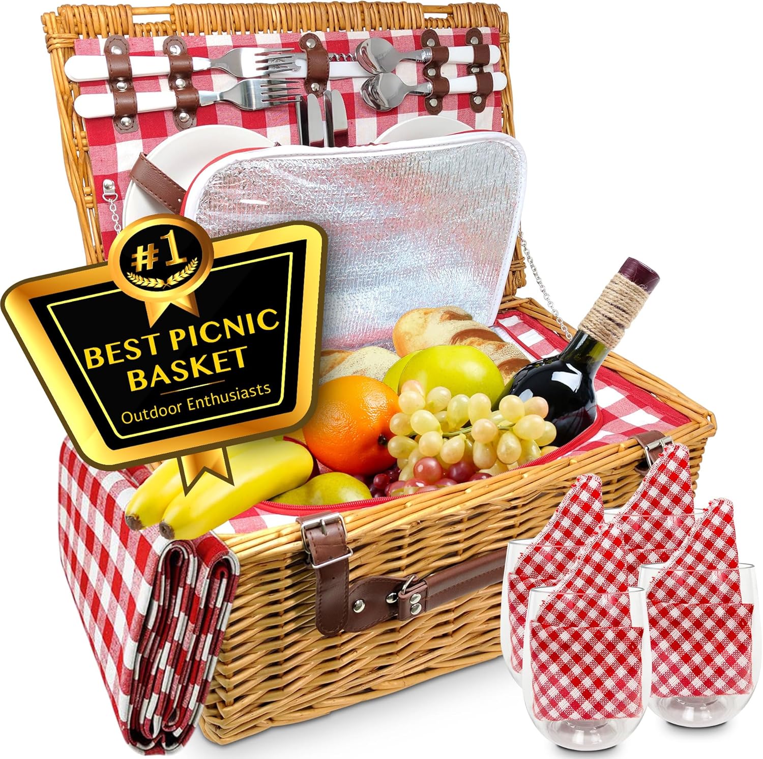 Luxury Picnic Basket for 4: Insulated Wicker Hamper with Plaid Blanket, Wine & Cheese Essentials, Waterproof Compartment, Classic White Willow Set for Outdoor, Beach, Camping, Vintage Couples Date Kit