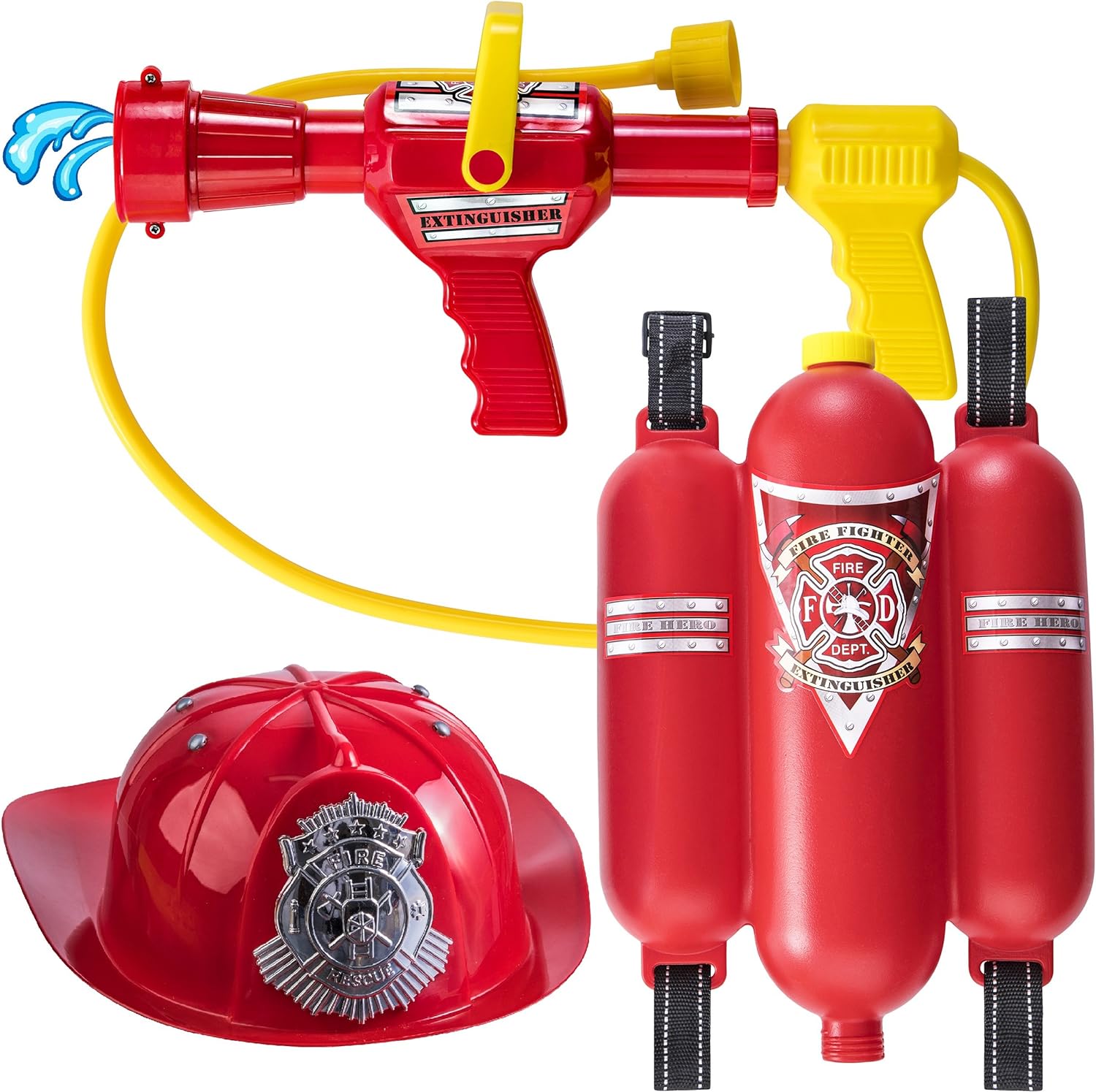 Prextex Fireman Backpack Water Guns for Kids w/Fire Hat | Water Toys Big Water Gun | Super Fast Squirt Water Blaster| All Ages Kids & Adults | Play Range Water gun for Pool Party Favors