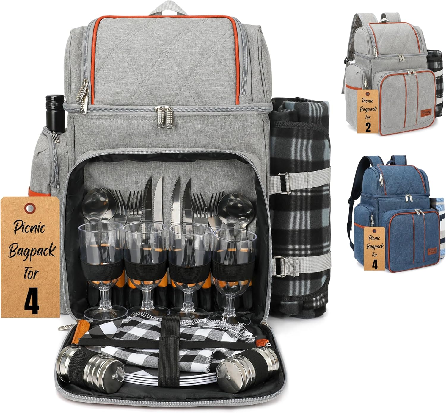 Picnic BackPack for Camping, Picnic basket for 4 with Insulated Cooler Bag and Bottle Pouch, Picnic bag with Lightweight Blanket and Cutlery set for Family, Couples and Hiking