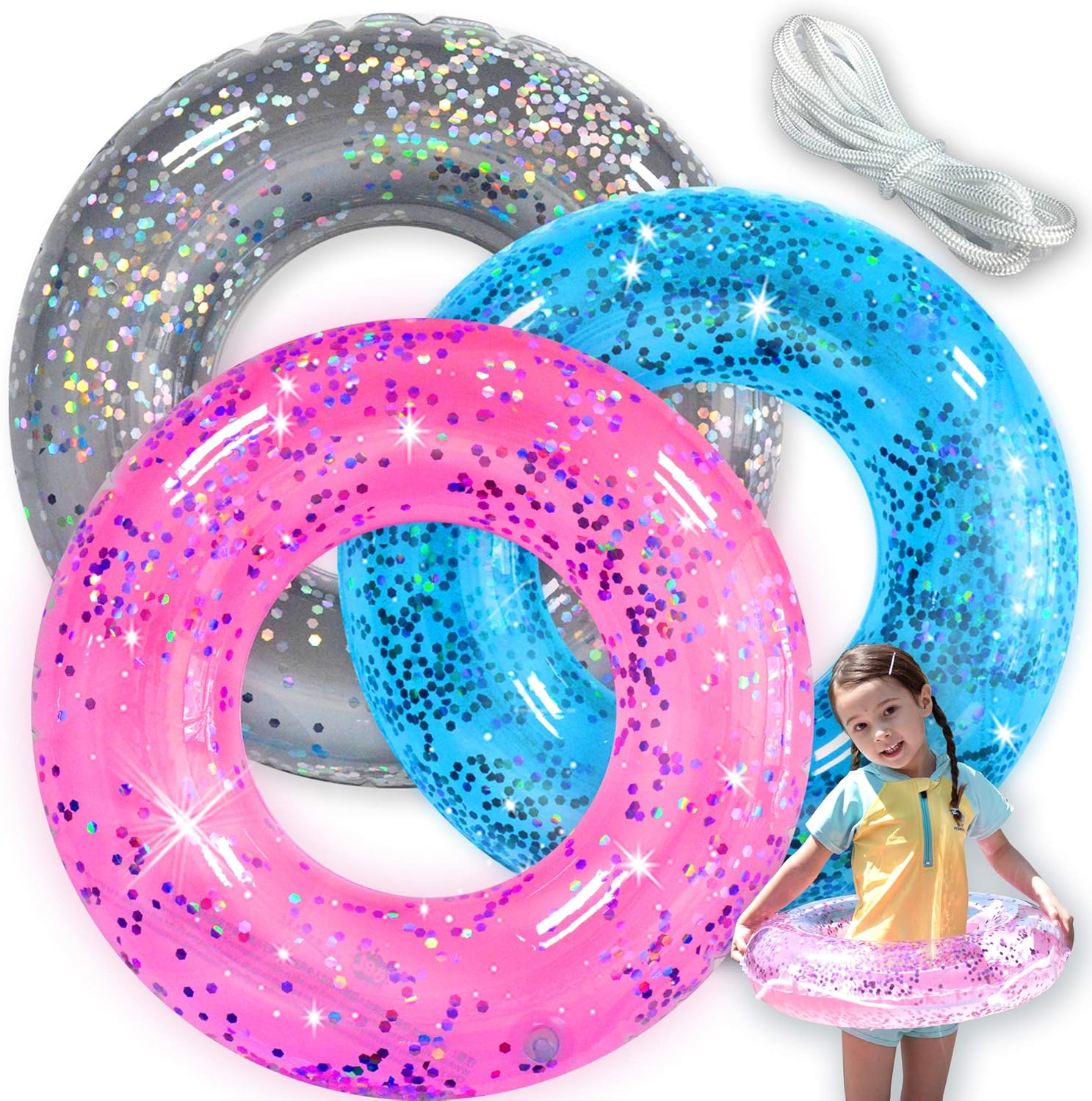 Pool Floats Kids 3 Pack, Inflatable Swim rings for Kids Pool Tubes Toys, Pool Floats Ring Toys, Summer Beach swimming pool floats Party Supplies + Patch&Tow Rope