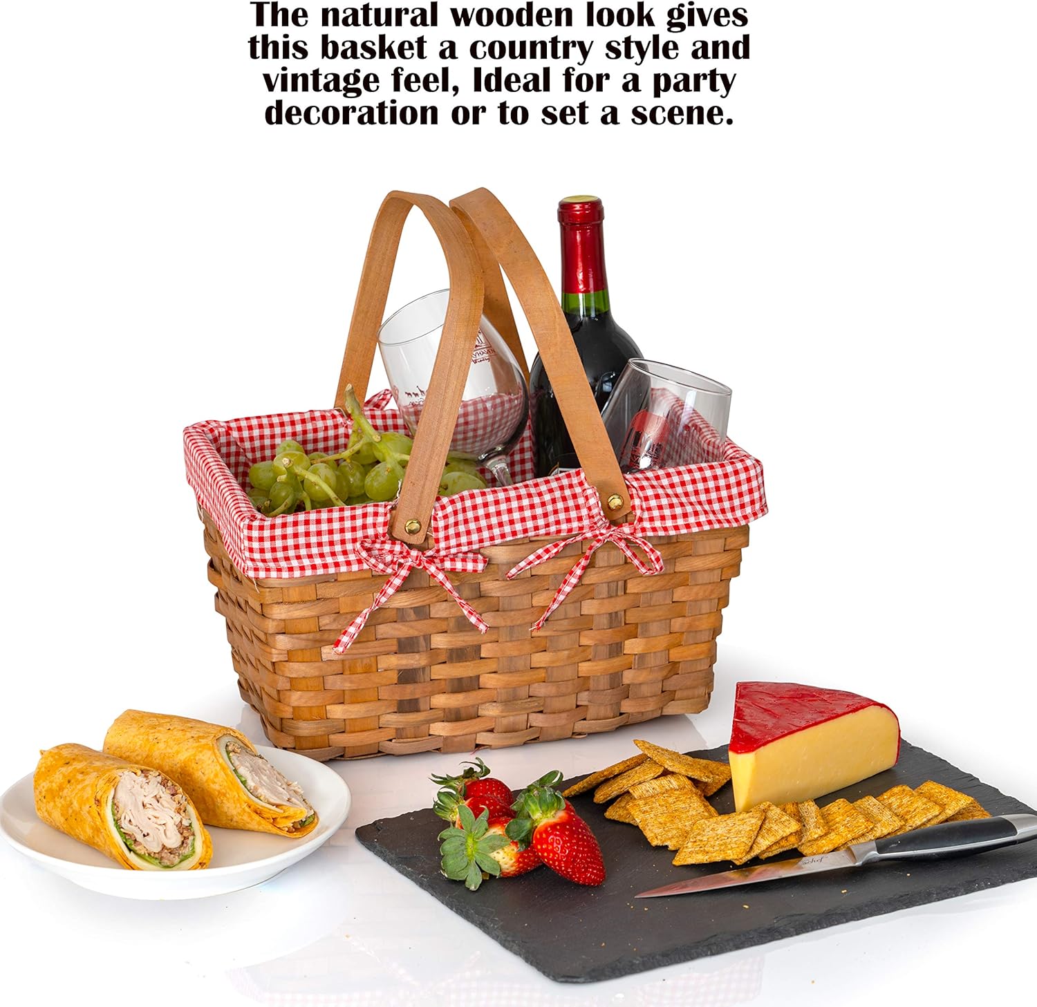 Big Mo's Toys Picnic Basket - Woven Natural Woodchip Wicker Basket with Double Handles and Red and White Gingham Blanket Lining