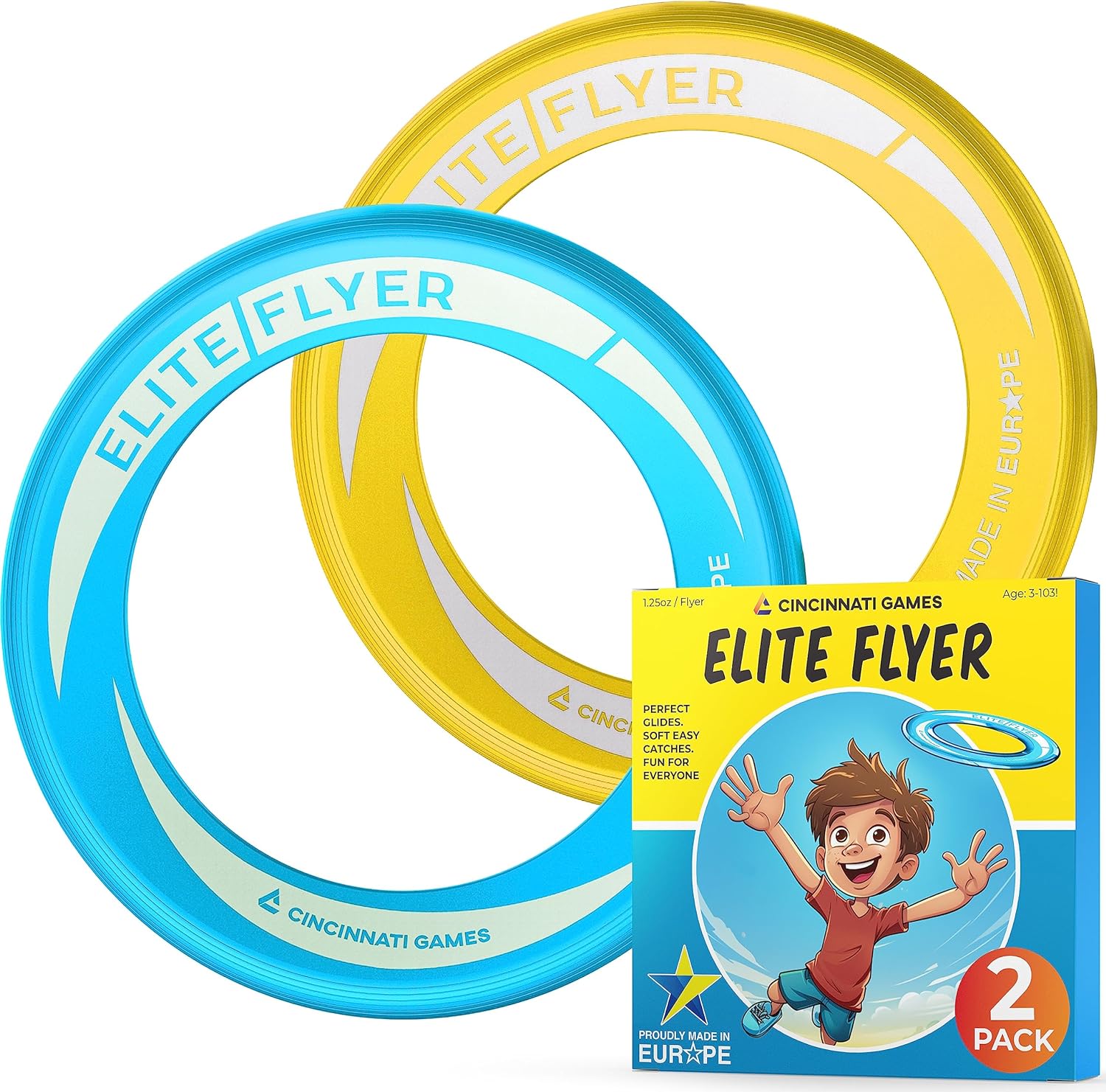 JANSKA 2-Pack Kids' Frisbee Rings - 85% Lighter Than Standard Frisbees for Kids - Ideal for Outdoor Games, Camping, Beach, Pool, Yard, and Summer Fun - Safe and Lightweight Flying Discs, Cyan/Yellow