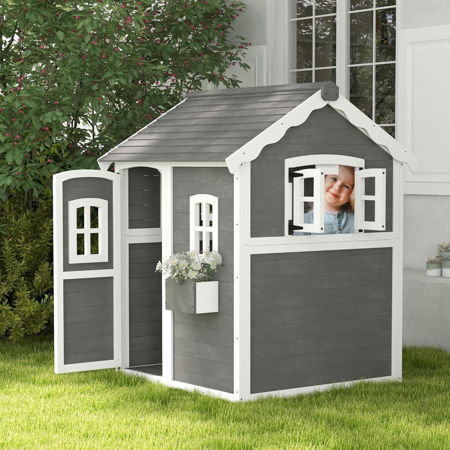 Outsunny Playhouse for Kids, Outdoor Wooden Playhouse with Floor, Door, Windows & Planter Box for 3-8 Year Olds, Backyard, Lawn, Garden, Gray