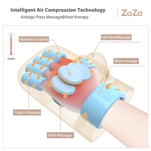 zaza Hand Massager with Heat and Compression,Airbags Press Massage Carpal Tunnel,Palm and Fingers,for Relieve Pain and Soothe Muscle,PU Leather,Cordless Massage Glove Design,for Women