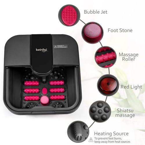 Beinilai Collapsible Foot Spa,Foot Bath with Heat and Massage and Bubble Jets,Foot Soak Tub with 6 Foot Rollers,Acupressure Massage Points,Red Light and Removable Pumice Stone