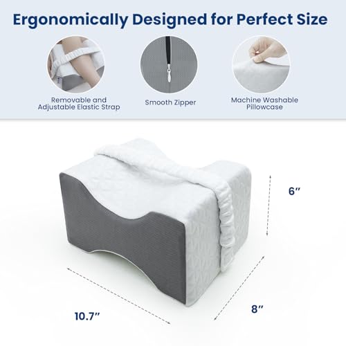 Kehangte Knee Pillow for Side Sleepers,Knee Pillow,Leg Pillow for Side Sleeping,Memory Foam Support Ergonomic Pillow with Cover and Adjustable Straps,Smooth Spine Alignment Pillow,White/Gray