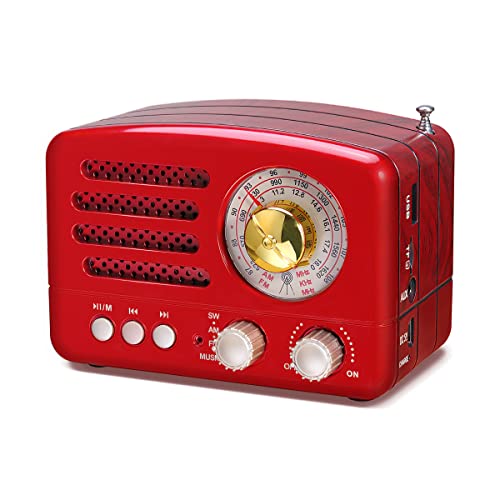 PRUNUS J-160 Small Retro Vintage Radio with Bluetooth, Portable Transistor Radio AM FM, Rechargeable Battery Operated, Support TF Card AUX USB MP3 Player (Red)