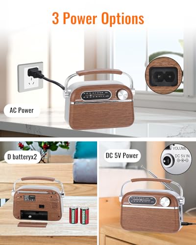 SEMIER Retro AM FM Radio with Best Reception, Bluetooth Speaker Portable Transistor Radio, Operated by 2X D Batteries Or AC Power Plug in Wall Radio with Big Speaker, Large Knob for Home and Outdoor