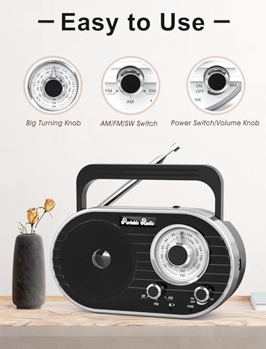 Portable AM FM SW Radio with Bluetooth,4000mAh Rechargeable Radio with Big Speaker,Flashlight,Large Knob,Earphone Jack,4 AA Battery Operated Radio,Transistor Radio with Best Reception for Home&Outdoor