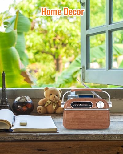 SEMIER Retro AM FM Radio with Best Reception, Bluetooth Speaker Portable Transistor Radio, Operated by 2X D Batteries Or AC Power Plug in Wall Radio with Big Speaker, Large Knob for Home and Outdoor