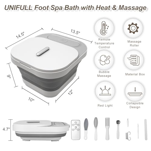 UNIFULL Collapsible Foot Spa Bath with Heat and Massage Rollers, Bubble, Foot Pedicure Kit, Temperature Control, Red Light, Pedicure Foot Spa, Foot Bath