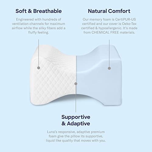 Luna Orthopedic Pillow Knee Pillow | Memory Foam Pillows for Hip Pain & Lower Back Pain Relief | Post Surgery Pillow, Sciatica Pain Relief Pillow for Adults | Knee Surgery Gifts