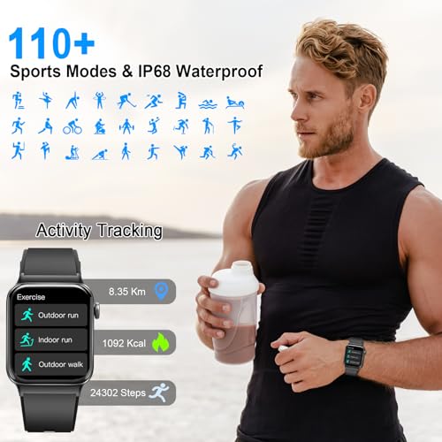 Smart Watch for Men Women, 1.85" Smartwatch (Answer/Make Call), IP68 Waterproof Fitness Tracker, 100+ Sport Modes, Heart Rate and Sleep Monitor, Pedometer, Smartwatches for Android iOS, Deep Black​