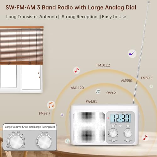 DreamSky Radio Portable AM FM Shortwave - Transistor Radio Plug in Wall or Battery Powered for Home Outdoor, Strong Reception, Large Dial Easy to Use, Digital Time Display, Small Gfits for Seniors