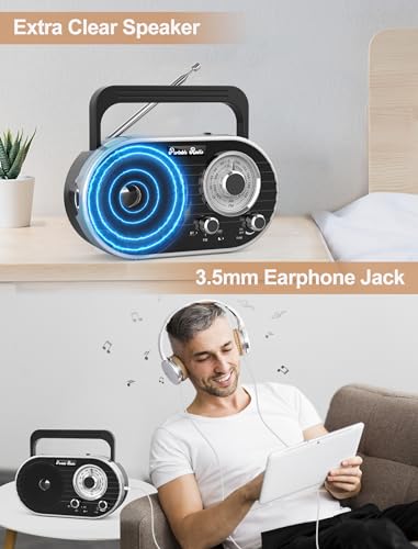 Portable AM FM SW Radio with Bluetooth,4000mAh Rechargeable Radio with Big Speaker,Flashlight,Large Knob,Earphone Jack,4 AA Battery Operated Radio,Transistor Radio with Best Reception for Home&Outdoor