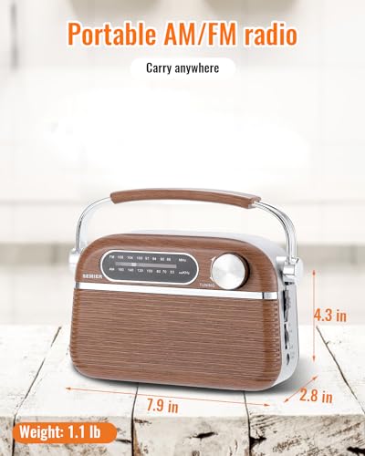 SEMIER Retro AM FM Radio with Best Reception, Bluetooth Speaker Portable Transistor Radio, Operated by 2X D Batteries Or AC Power Plug in Wall Radio with Big Speaker, Large Knob for Home and Outdoor