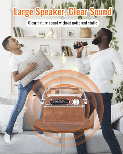 SEMIER Retro AM FM Radio with Best Reception, Bluetooth Speaker Portable Transistor Radio, Operated by 2X D Batteries Or AC Power Plug in Wall Radio with Big Speaker, Large Knob for Home and Outdoor