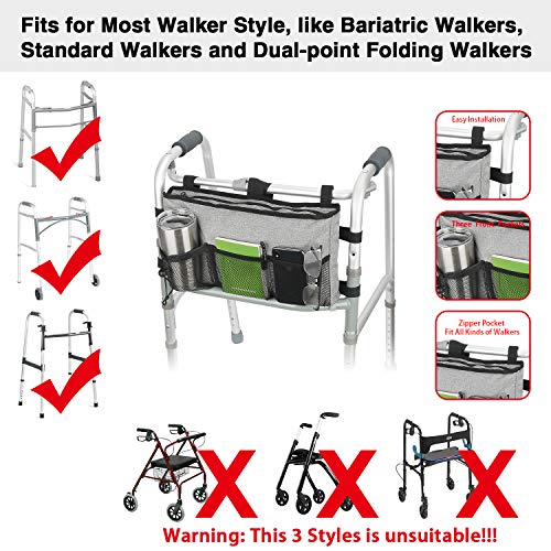 Update Walker Bag Hand Free Storage Bag Walker Attachment Handicap Basket Pouch for Rollator, Wheelchair, Folding Walkers (Grey)