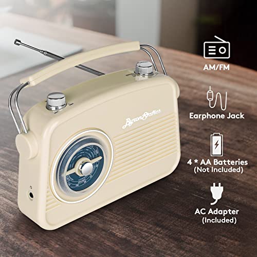 ByronStatics Portable Radio AM FM, Vintage Retro Radio with Built in Speakers, Best Reception and Longest Lasting, Power Plug or 1.5V AA Battery - Cream