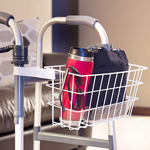 HealthSmart Walker Storage Basket with Cup Holder and Insert Tray, No Tools Needed, White, 16 x 5.5 x 7, Walker Accessories