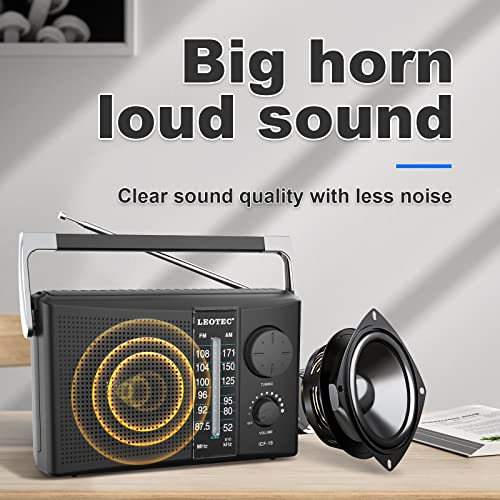 LEOTEC Portable AM FM Radio with Best Reception,Battery Operated or AC Power,Big Speaker,Large Tuning Knob,Clear Dial,Earphone Jack for Gift,Elder,Home Black