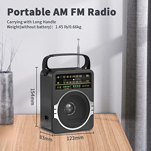 JEUJUG Portable AM FM Radio, Bluetooth 5.0 Radio 5 Watts Loud Speaker,FM Radio Built-in Rechargeable Battery/DC D*4 Cell Battery Operated & AC Power Plug in Wall Radio Black