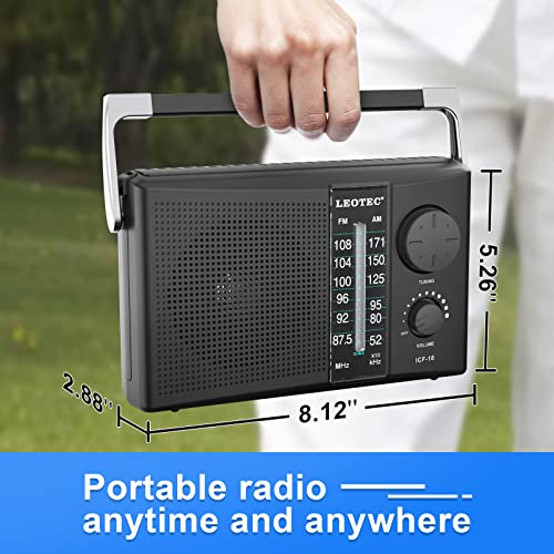 LEOTEC Portable AM FM Radio with Best Reception,Battery Operated or AC Power,Big Speaker,Large Tuning Knob,Clear Dial,Earphone Jack for Gift,Elder,Home Black