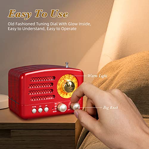 PRUNUS J-160 Small Retro Vintage Radio with Bluetooth, Portable Transistor Radio AM FM, Rechargeable Battery Operated, Support TF Card AUX USB MP3 Player (Red)