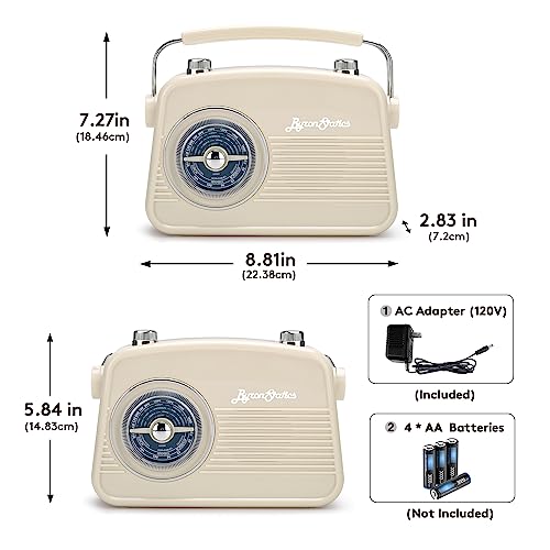 ByronStatics Portable Radio AM FM, Vintage Retro Radio with Built in Speakers, Best Reception and Longest Lasting, Power Plug or 1.5V AA Battery - Cream