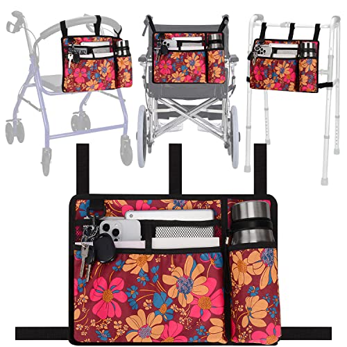 supregear Accessories Bag for Walker, Wheelchair, Rollator for Seniors, w/Cup Holder-Folding Walker Basket Large Capacity Waterproof Walker Caddy Pouch (Floral)