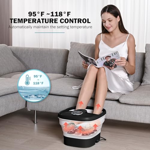 Electric Motorized Foot Spa with Heat, Bubble Massage, Remote Control, 24 Shiatsu Massage Balls for Stress Relief and Pedicure (Black)