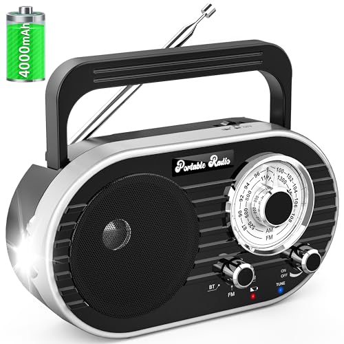 Portable AM FM SW Radio with Bluetooth,4000mAh Rechargeable Radio with Big Speaker,Flashlight,Large Knob,Earphone Jack,4 AA Battery Operated Radio,Transistor Radio with Best Reception for Home&Outdoor