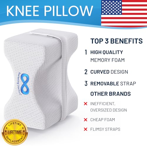 Everlasting Comfort Knee Pillow for Side Sleepers - Memory Foam Leg Pillow for Hip and Back Pain Relief - Comfortable Leg Pillow for Side Sleeping - Adjustable Strap - Sciatica Pain Relief Pillow