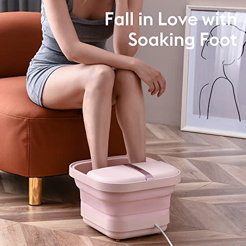 Beinilai Foot Bath Spa with Heat, Bubble Massage and Vibration,Collapsible Foot Soak Tub,2 Feet Rollers, Acupressure Massage Points, Red Light and Foot Scrubber, Pedicure Foot Spa for Women(Pink)