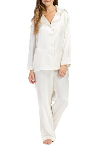 Fishers Finery Women's 100% Pure Mulberry Silk Long Pajama Set with Gift Box - Button Down Pj Top (White, L)