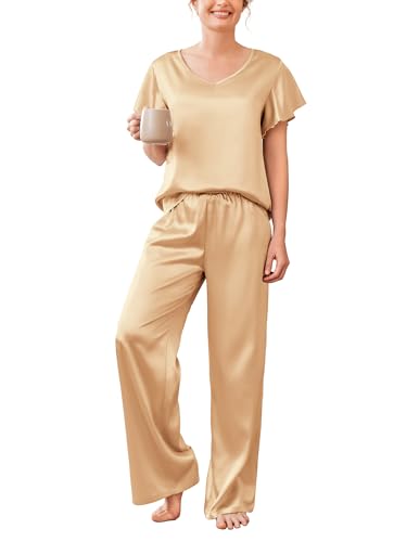 Ekouaer Silk Pajamas Satin 2 Piece Short Sleeve Top and Long Pants Pj Sets Silky Sleepwear Loungewear Khaki Large