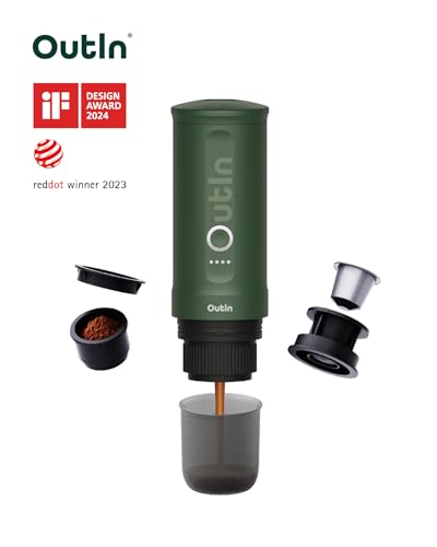 Outin Nano Portable Electric Espresso Machine, Travel Coffee Maker for Camping, Car Coffee Maker Self-Heating with USB-C, With Ground Coffee & NS Capsule for RV, Hiking, Office