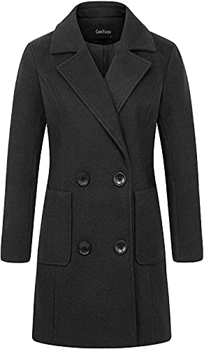 chouyatou Women Elegant Notched Collar Double Breasted Wool Blend Over Coat (Large, Black)