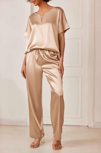 Ekouaer Satin Pajama Set Womens Silk Short Sleeve V Neck Shirt with Long Pant Soft Loungewear Pjs Set Khaki