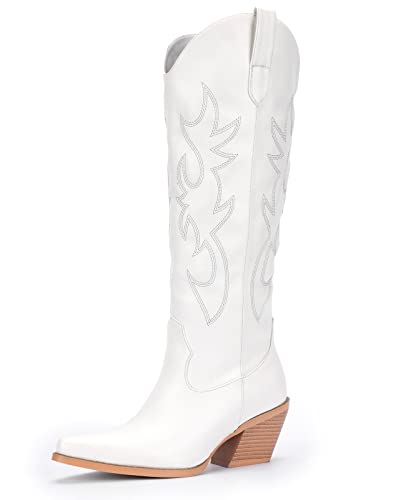 Pasuot White Cowboy Boots for Women - Wide Calf Cowgirl Knee High Western with Side Zip and Embroidered, Pointed Toe Chunky Heel Retro Classic Tall Boot Pull On for Ladies Fall Winter Size 8