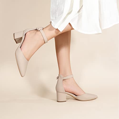 Ankis Closed Toe Heels for Women -Nude Pointed Toe Heels Low Block Chunky Women Pumps with Ankle Strap -2.25 Inch